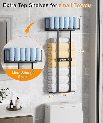 KIMBORA Towel Racks for Bathroom with Top Towel Shelf Hold 8 Large Rolled Towels, 36" Wall Mounted Bathroom Towel Storage Organizer for Small Bathroom, Camper, Rv (Black)
