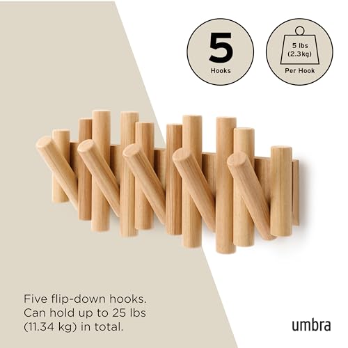 Umbra Picket Coat Rack Wall Mount – 5 Flip-Down Wood Coat Hooks, Modern & Functional Storage, Easy Install Wall Hooks, Natural - color: Natural, size: 5-Hook