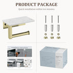 BWE Brushed Gold Toilet Paper Holder with Marble Shelf, Toilet Paper Roll Holder Wall Mounted, Toilet Paper Roll Holder with Phone Shelf 304 Stainless Steel Tissue Holder for Bathroom Washroom - color: Brushed Gold