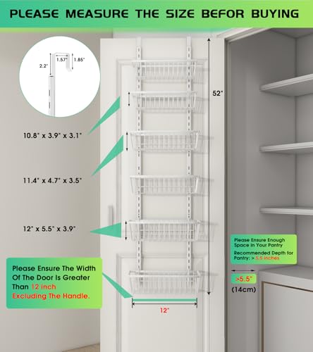 Mefirt 12 Inch Wide Narrow Over The Door Pantry Organizer, Pantry Organization and Storage, 6-Tier Metal Hanging Deep Basket Wall Spice Rack Seasoning Shelves, Home & Kitchen Essentials, White - color: White, size: 6-Tier (12"W)