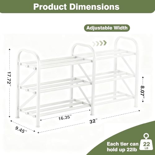 3-Tier Shoe Rack for Closet, 16"-32" Expandable ShoeRackAdjustable for Entryway Closet Doorway SturdyMetal, White - color: White 3 Layers and 3 Tubes