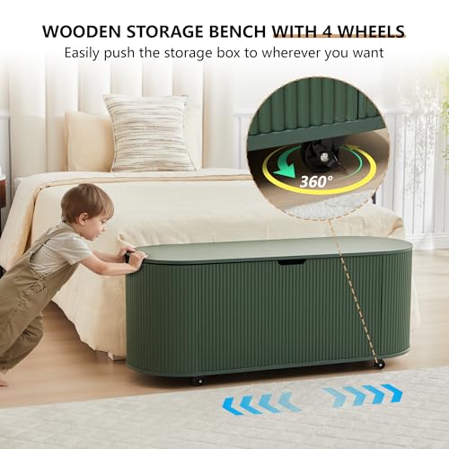 Fluted Storage Bench with 4 Wheels, 43.3” Oval Storage Chest with Safety Hinges, Modern Wooden End of Bed Bench, Large Storage Trunk Toy Chest with Lift Top for Entryway Bedroom Living Room, Green - color: Green