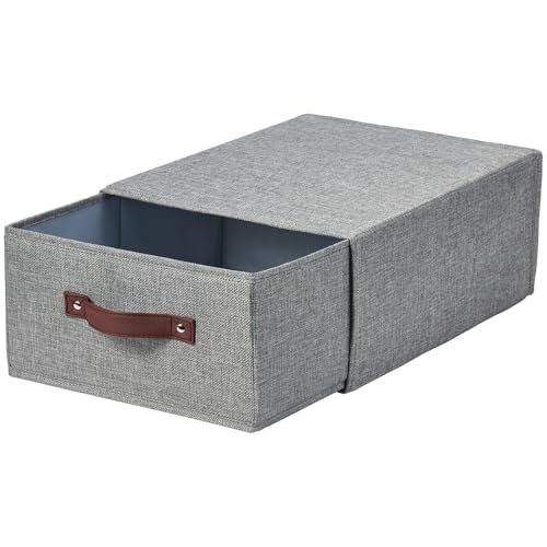 Closet Drawer Organizer Stackable Fabric Storage Boxes Bins Baskets with Lid PU Leather Handles Foldable Washable Cotton Linen Wardrobe Shelf Clothes Towels Container (Gray, Large) - color: Gray, size: Large ( Set of 1 )
