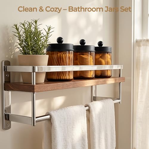 Amolliar 4 Pack Apothecary Jars Bathroom Vanity Storage Organizer Set -Countertop Canister with Stainless Steel Lids &Stickers Qtip Dispenser Holder for Cotton Swab (Amber-black Lid) - color: Amber-Black Lid P1