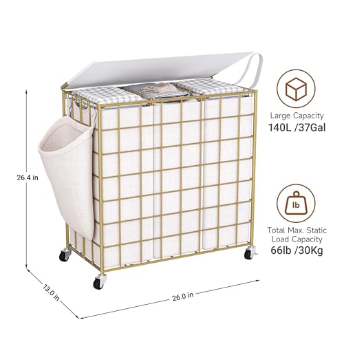 Laundry Basket with Wheels, Heavy Duty Laundry Sorter 3 Sections, 140L (37Gal.) Large Capacity Laundry Hamper with Wood Lid, 360 Rolling Wheels, Extra Side Pocket, Leather Pull Handle, Golden - color: Golden, size: 140L