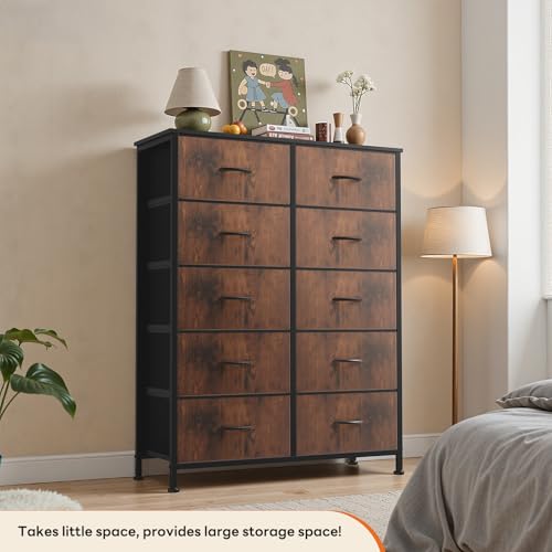 Sweetcrispy 10 Drawer Fabric Dresser Storage Tower with Bins, Tall Chest Organizer for Bedroom Closet Hallway, Steel Frame Wood Top Easy Pull Handles,Black-Brown - color: Black-brown(10 Drawer )