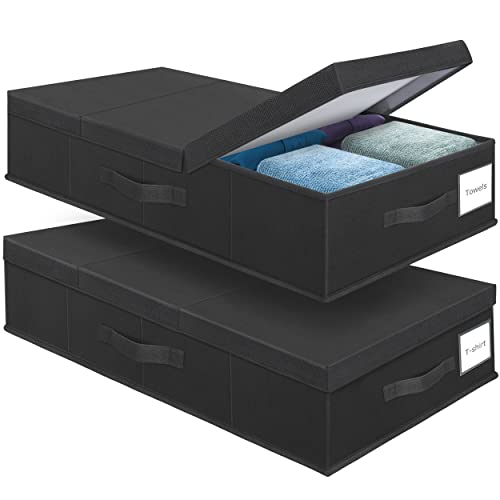 Supowin Underbed Storage Containers Bin with Lids (Set of 2) Large Under Bed Storage Organizer Box with Handle, Foldable Under the Storage Bags for Organizing Clothes, Shoes, Blankets, Pillows-Black - color: B-Black