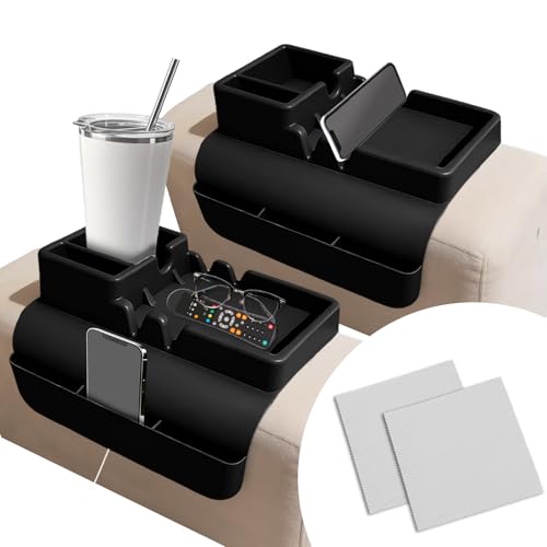 2Pcs Black Couch Cup Holder Tray, Couch Arm Cup Holder, Large Anti-Slip Couch Cups Holder with Side Pocket, Silicone Sofa Armrest Organizer for Snacks/Remote/Phone/Fruit, Gift for Women - color: Black