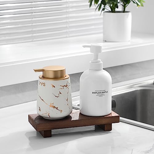 zoocatia Small Wood Tray Pedestal Stand Farmhouse Bathroom Decor Decorative Wooden Riser Kitchen Soap Dish Holder for Vanity, Counter, Sink, Walnut - color: Walnut, size: 8.7" x 3.6" x 1.6"