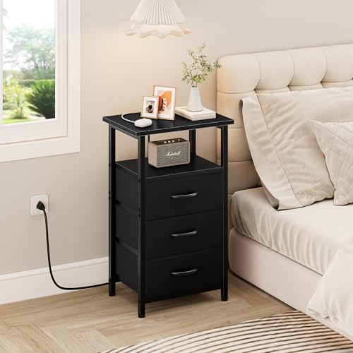 Vagusicc Nightstand Set of 2 with Charging Station, Bedside Table with USB Ports and Outlet, End Table Side Table with 3 Fabric Drawers and Storage Shelf, Bed Side Table Night Stand for Bedroom, Black - color: Black, size: 2 Pieces, style: Ordinary