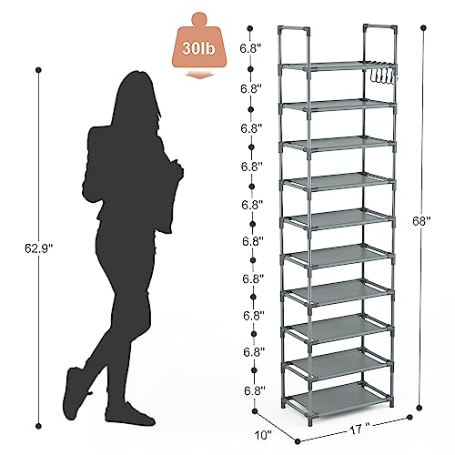 LANTEFUL 10 Tiers Tall Shoe Rack 20-25 Pairs Boots Organizer Storage Sturdy Narrow Shoe Shelf for Entryway, Closets with Hooks, Grey - color: Grey, size: 10 Tier-68" High-17" Wide