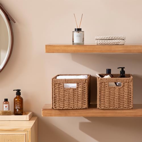 UBBCARE 4 Pack Wicker Basket, 13.4L×8.3H×7.1W inch Woven Paper Rope Storage Baskets for shelves, Foldable Rectangular Storage Baskets with Handle, Storage Basket for Organizing, Caramel - color: Caramel, size: 4pack Medium