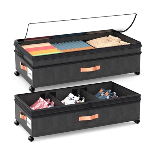 Under Bed Storage Organizer with Wheels - 2Pack 70L Extra Large Rolling Storage Bins with Clear Lid & Labels for Clothes, Shoes, Blankets (XXL, Black) - color: Black, size: Extra Large