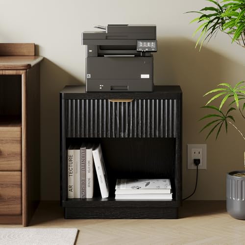 Fluted Nightstand with Charging Station, 22.8Inch Wide Bedside Table End Table with Drawer, Curved Corners, Modern Bedside Table for Bedroom, Living Room, Sofa, Black - color: Rectangle - Black