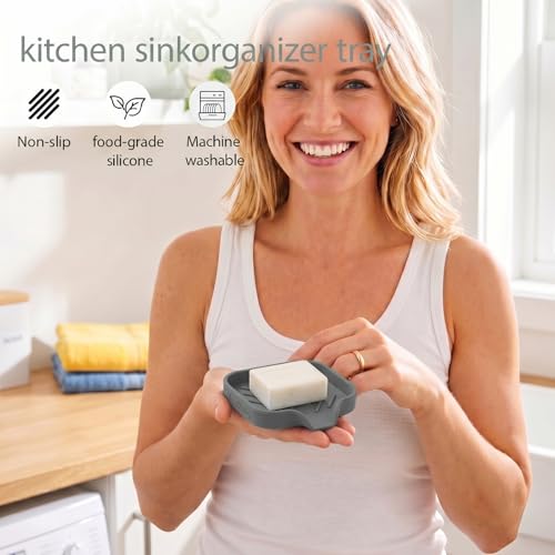 MicoYang Silicone Bathroom Soap Dishes with Drain Spout-Bathroom and Kitchen Sink Organizer,Sponge Holder,Dish Soap Tray,Perfect for Dispenser,Scrubber,Bottle,Cup on Sink or Counter-Grey 4.9"×3.2" - color: Grey, size: S(4.9"×3.2")