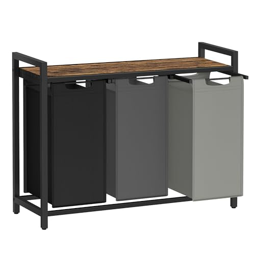 VASAGLE Laundry Hamper, Laundry Basket, Laundry Sorter with 3 Pull-Out and Removable Bags, Shelf, Metal Frame, 3 x 10.6 Gallons (40 L), 36.4 x 13 x 28.4 Inches, Tricolor and Rustic Brown UBLH301X01 - color: Tricolor + Rustic Brown, size: 3 Bags - 120 L