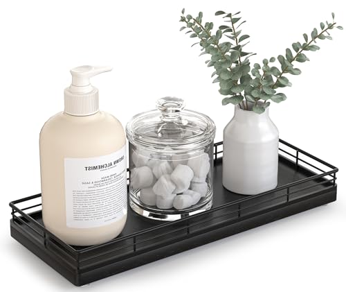 Bathroom Tray for Counter Top Organizer – Oak Wood Vanity Tray with Metal Frame for Dresser, Kitchen, Nightstand – Black Decorative Storage - color: Black, size: 11" x 4.5" x 1.5"