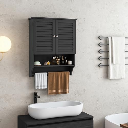 Tangkula Wall Mounted Bathroom Cabinet with Open Shelf & Bar, Medicine Cabinet with Double Louvered Doors, Wall Storage Cabinet with Adjustable Shelf, for Bathroom Living Room Kitchen (Black) - color: Black