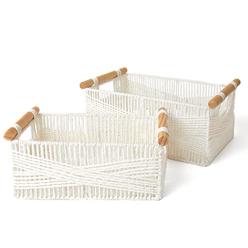 LA JOLIE MUSE Wicker Storage Baskets for Organizing, Recyclable Paper Rope Basket with Wood Handles, Decorative Hand Woven Basket Organizers for Makeup Books Shelves Living Room, White, Set of 2 - color: White