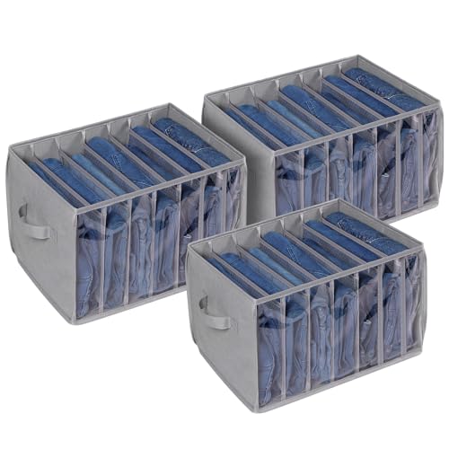 Zilink Upgraded Wardrobe Clothes Organizer with Support Board Clear Pants Organizer Bins for Closet with 7 Grids Divider Sweater Organizer for Closet for Jean Pant Sweater Legging T-Shirt, 3 Pack - color: Grey - For Jeans
