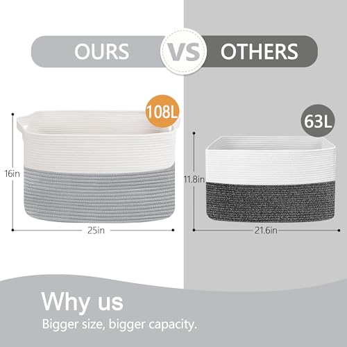 MEGASKET XXXXL Blanket Basket, 25" x 16" x 16"(108L) Rectangle Basket for Blankets Living Room, Extra Large Wicker Woven Blanket Pillow Storage Bin, Soft Kids Dog Toy Box Storage Bin Organizer - color: White & Gray, size: 25"x16"x16"