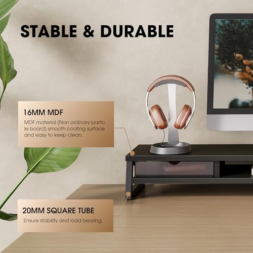 Fenge Dual Monitor Stand, Monitor Riser with Drawer, 42.5 Inch Large Computer Monitor Stand for 2 Monitors, 2 Tier Wooden Desk Shelf for Top of Desk - color: Black