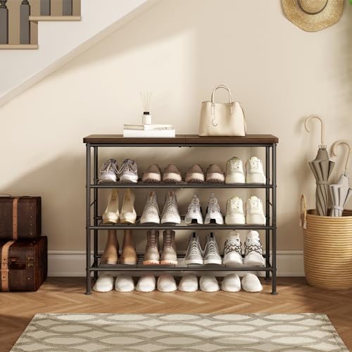 SUOERNUO Shoe Rack Organizer 4 Tier for Closet Entryway Free Standing Metal Storage Shoe Shelf with MDF Top Board，Black - color: Black+rustic Brown, size: Standard 4 Tier
