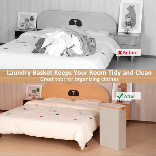 iEGrow 65L Slim Laundry Hamper, Narrow Laundry Basket with Lid,Foldable Clothes Hamper with Bamboo Handles,Hamper Basket with Removable Inner Bag for Laundry Room Bedroom College Dorm,Oatmeal - color: Oatmeal, size: 65L