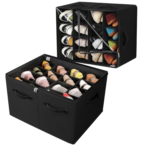 TOPIA HOME Shoe Organizer for Closet 2 Pack, Foldable Shoe Box with Adjustable Dividers and Clear Cover, Space Saving Shoe Storage Organizer Cabinet with Reinforced Handles, Fits 32 Pairs, Black TP12B - color: Black-2Pack, size: Large(20.87''L x 16.54''W
