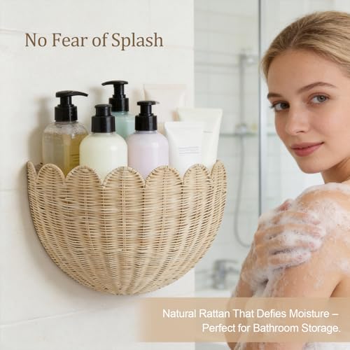 Scalloped Rattan Wall Basket - Handmade Wicker Hanging Decor，Toys Towels & Plants Versatile Storage Basket Bathroom Living Room & Entryway Natural Rattan Wall Decor