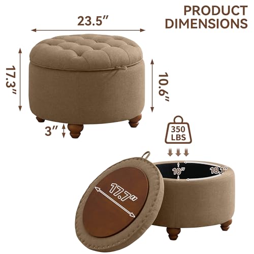 WUTUTUEE 24Inch Round Storage Ottoman with Tray, Modern Tufted Fabric Circle Coffee Table with Storage, Upholstered Ottoman with Removable Top for Living Room, Bedroom, Brown - color: Brown, size: 24 Inch