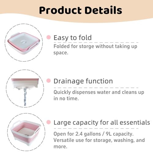 GIMWA Collapsible Wash Basin for Baby Bottles - 2.4 Gallons Portable Wash Bin for RV Camping Sink, Space-Saving Dish Tub (Pink) - color: Pink
