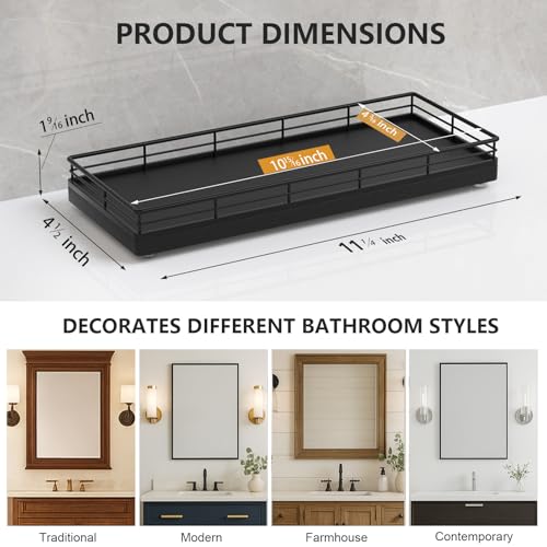 Bathroom Tray for Counter Top Organizer – Oak Wood Vanity Tray with Metal Frame for Dresser, Kitchen, Nightstand – Black Decorative Storage - color: Black, size: 11" x 4.5" x 1.5"