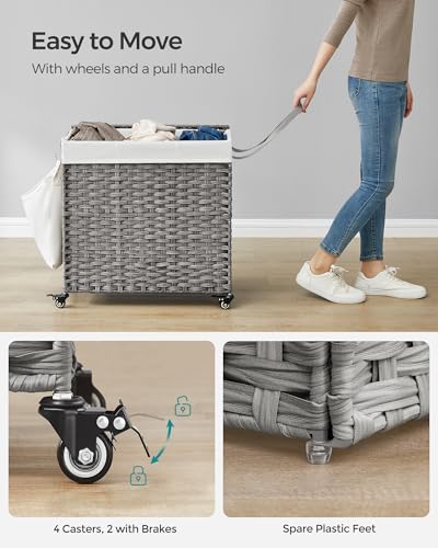 SONGMICS Laundry Hamper with Lid, 37 Gallons (140 L), Rolling Laundry Basket with Wheels, 3-Section Synthetic Rattan, Removable Liner, Bedroom, 26 x 13 x 26 Inches, Gray ULCB363G01 - color: Gray, size: 140 L