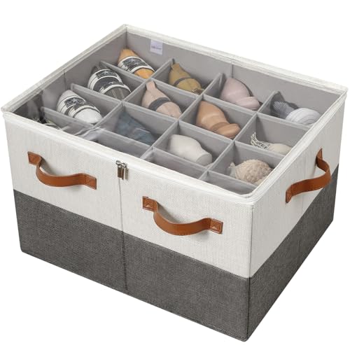 TOPIA HOME Shoe Organizer for Closet, Foldable Shoe Box with Adjustable Dividers and Clear Cover, Space Saving Shoe Storage Organizer Cabinet with Reinforced Handles, Fits 16 Pairs TP09WG - color: White&Gray, size: Large(20.87''L x 16.54''W x 13.5''H)