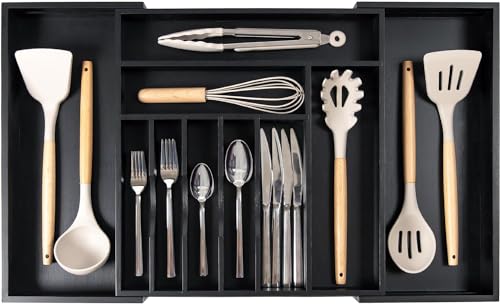 KitchenEdge Premium Silverware, Flatware and Utensil Organizer for Kitchen Drawers, Food-Safe Contract Grade, Expandable from 16 to 28 In, Black Bamboo - color: Black Bamboo, size: From 16" to 28" wide