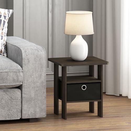 Furinno ANDREY Side Table, End Table, Night Stand with Open Shelves and Storage Bin, Bedside Table, for Living Room, Bedroom, Dark Walnut - color: Dark Walnut, size: 1-Pack, Center Bin