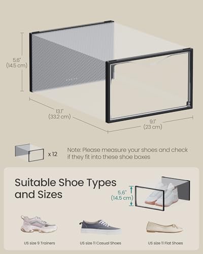 SONGMICS Shoe Boxes, Shoe Storage Organizers Rack for Closet, Plastic Stackable Sneaker Containers Case, 12 Pack, Transparent and Ink Black ULSP312B01 - color: Transparent + Ink Black, size: 12 Count Fit Size 11
