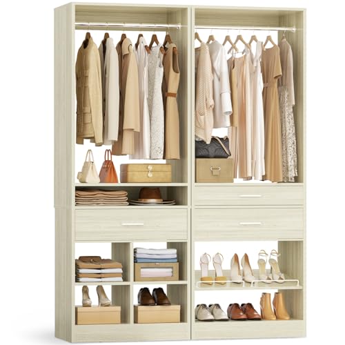 Unikito 50" W x 80'' H Closet Organizer Storage System with 2 Hanging Rod and 2 Wooden Drawers, Adjustable Shoes Rack, 4 Cubby Storage, Walk-in Closet Tower for Bedroom, Mudroom, Entryway, White Oak - color: White Oak, size: 50 Inch
