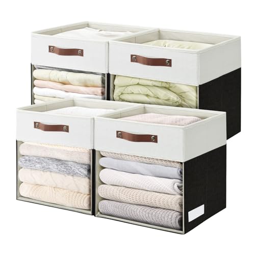 Bagnizer Storage Cubes, 4 Pack Linen Foldable Storage Bins (13 x 13 inch) with Clear Window and Handles, Fabric Organizer for Shelf Closet, Clothes, Books - (Black and White) - color: Black / Off-White, size: 13 x 13 x 13
