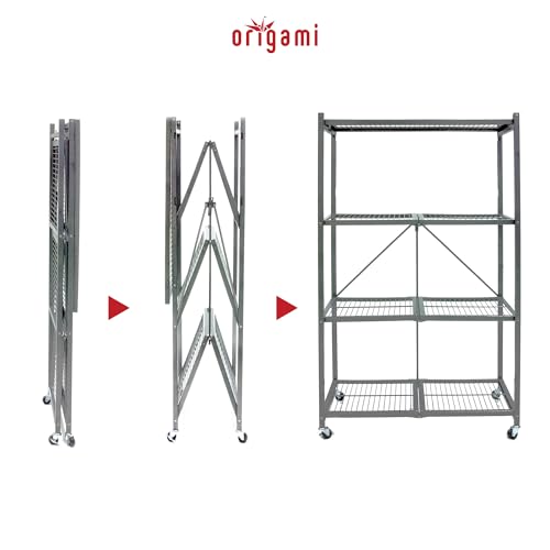 Origami R5 4-Shelf Heavy-Duty Folding Storage Rack, Pewter - Large Foldable Metal Shelving Unit with Wheels for Garage, Pantry, Basement, Laundry Room or Warehouse - color: Pewter, size: 1-Pack
