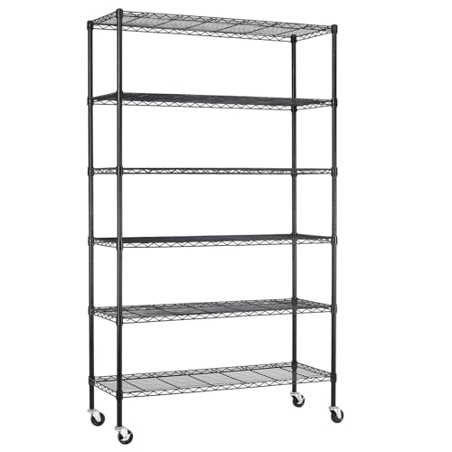 BestOffice | 6-Tier Wire Storage Shelves with Wheels | 18x45x82 | Black | Adjustable Racks | Heavy-Duty Metal Shelf, Holds Upto 2100 lbs | No-Tool Assembly | Ideal for Home & Garage Shelving - color: Black, size: 45"W x 18"D x 82"H