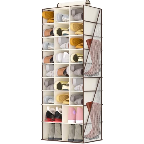 VERONLY Hanging Shoe Organizer for Closet-Collapsible Storage Rack with 25 Sections & 4 Side Pockets, Hanging Shoe Shelves for Hats,and Clothes, Beige - style: 3-Column Beige