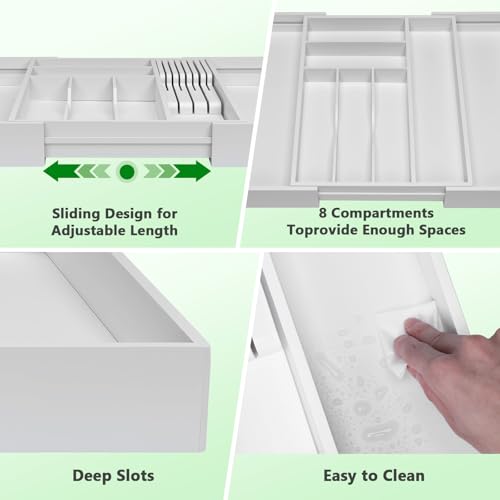 9-Piece Bamboo Kitchen Drawer Organizer Set, Expandable Silverware &Utensil Organizer with Removable Knife Block & Steak Knives, Flatware Organization, Tableware Dividers Storage(White) - color: White