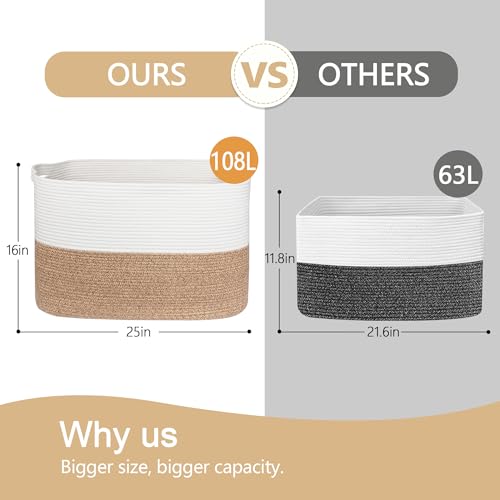 MEGASKET 108L Super Large Blanket Basket, 25" x 16" x 16" Woven Jumbo Basket for Blankets, Toys, Laundry, Extra Large Cotton Rope Pillow Holder Organizer, Entryway Shoes Bin, Living Room Storage - color: White & Brown, size: 25"x16"x16"