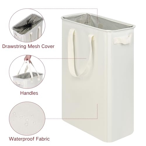 efluky Slim Laundry Basket, Narrow Laundry Hamper with Handles, Collapsible Dirty Clothes Hamper, Tall Laundry Bin for Laundry Room, Dorm and Bedroom, 12.7 Gallons(48L) Beige - color: Beige, size: 48L without Lid