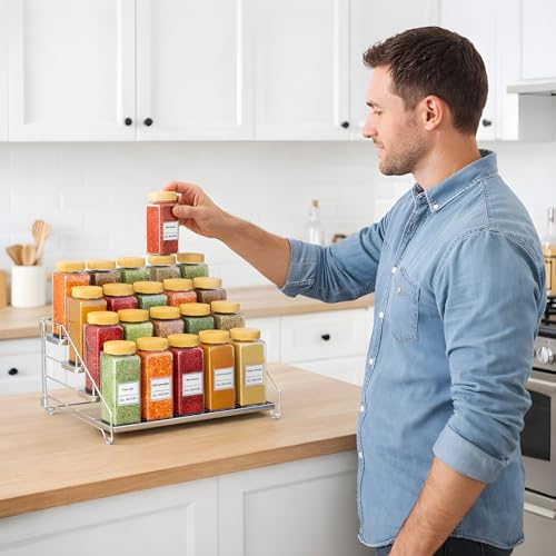 RCHYFEED Spice Rack Organizer for Cabinet, 4 Tier Spice Rack, Depth Adjustable Spice Organization for Cabinet Easy Visibility, Tiered Adjustable Spice Shelf for Kitchen Countertop Pantry Cupboard
