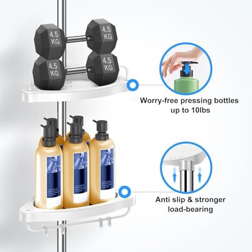 HAMITOR Corner Shower Caddy Tension Pole: Adjustable Stainless Steel Shower Organizer with 4 Tier Shelf for Bathroom Bathtub Tub Shampoo - Floor Standing Rack Bath Storage Holder with Rust Proof Rods - color: Silver