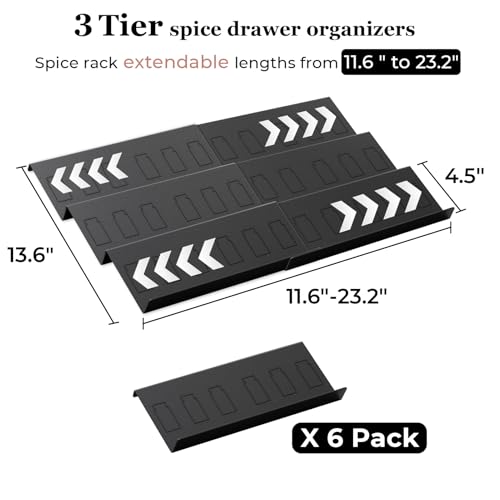 Famhap Spice Drawer Organizer, 6 Pack Drawer Seasoning Organizer Expandable from 11.6" to 23.2" Seasoning Rack Tray Insert for Kitchen Drawers, Spice Rack Tray for Drawer/Countertop (Black) - color: Black, size: 6pcs