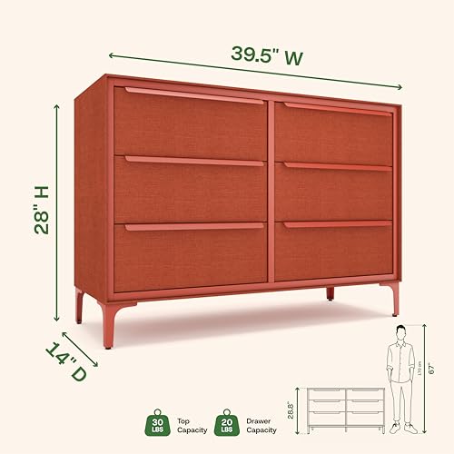 tinge Naima Premium 6 Drawer Fabric Dresser - Heavy Duty Metal Frame with Sag-Proof Storage Drawers for Clothes - Durable Orange Bedroom Chest & Sleek Metal Handles - color: Golden Hour (Orange), size: 14"D x 39.5"W x 28"H (6 Drawers)